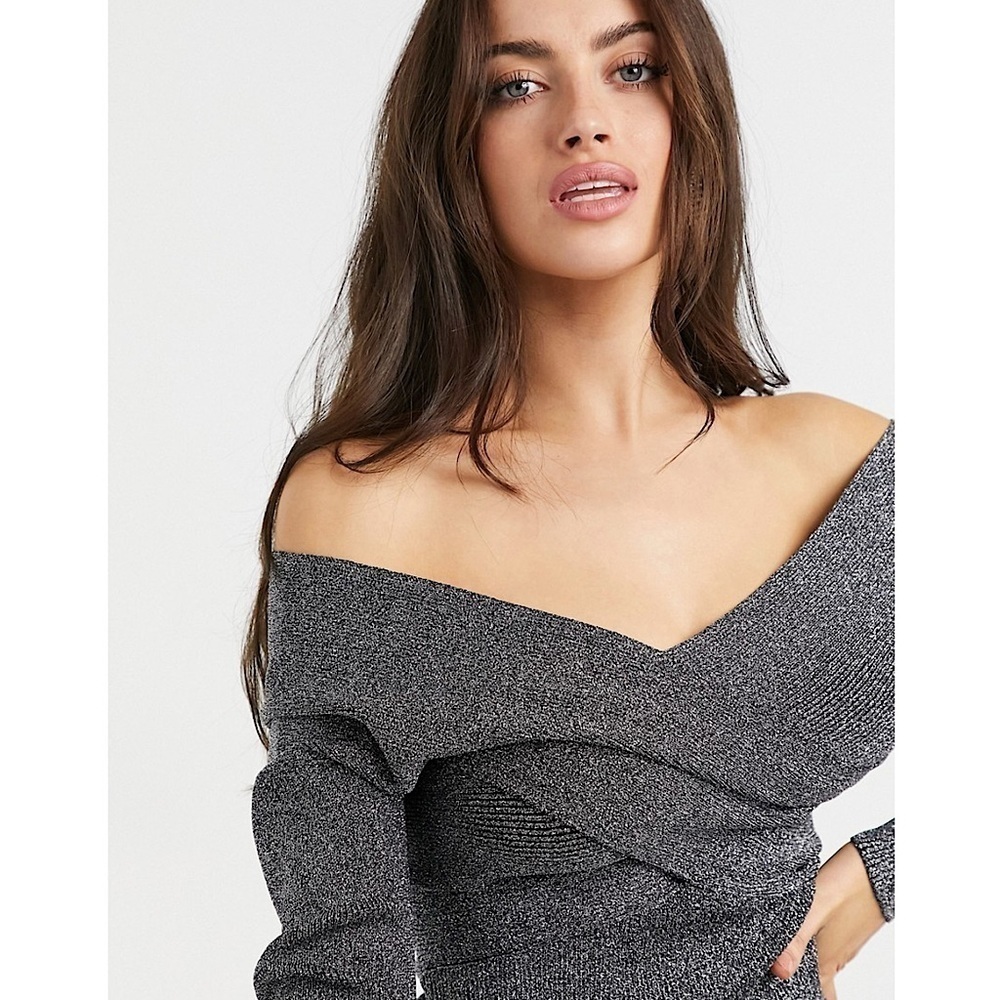 TED BAKER Sparkle Rib Knit Off Shoulder Long Sleeve Crossover Slim Ballet Top XS